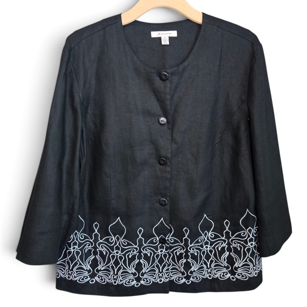 JM Collection Top Womens 14 Black 100% Linen Embroidered Button Up Jacket